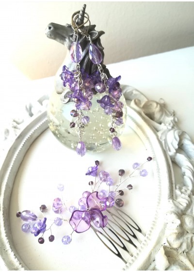 Гребенче - украса за коса комплект с кристални обици в люляково лилаво серия Tender Verbena by Rosie